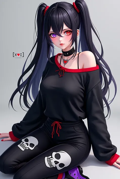 Adult female .with black hair. with beautiful neon purple . with two parts tied behind . the right eye is neon red the left eye is neon purple. black makeup on the eyes . a small heart tattooed on the right cheek .a collar.You have it written WHITE in the ...