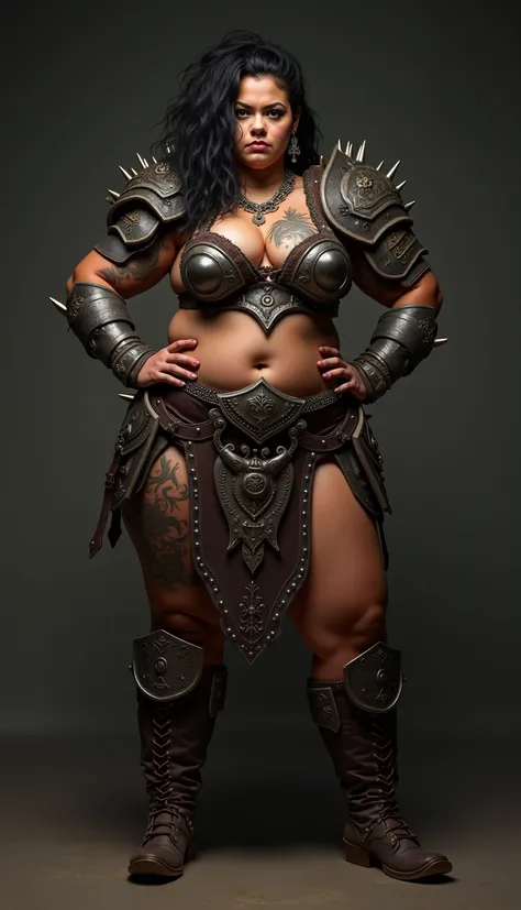 photorealistic full body photo of plus size barbarian warrior, black girl,(art by Karol Bak:1.2), (intimidating pose:1.5),(hands on hips:1.5),(glaring at camera:1.2) ,(realistic tanned skin texture:1.5),high quality,(muscular body:1.5),(Heavily tattooed bo...