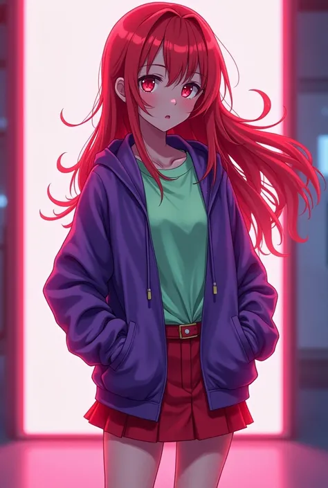 Anime girl, 8k vibrant, red eyes, red hair, purple jacket, bright light green t shirt, red mini skirt, blue sneakers