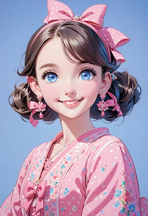 a cartoon girl with large puffy ears wearing a pink dress and pink bow, 1girl, solo, jewelry, earrings, blue background, smile, blue eyes, looking at viewer, female , , hair ornament