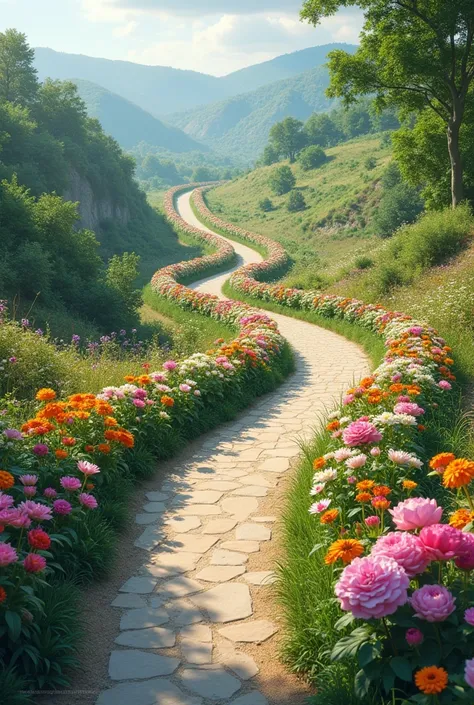 An L-shaped road filled with flowers, beautiful on the sides 