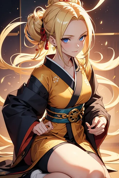 Naruto Uzumaki, reimagined as an elegant 18-year-old woman, radiates confidence and charm in a beautifully detailed kimono. Her long blonde hair is styled in an intricate Japanese updo, perfectly complementing the traditional elegance of her outfit. Strand...