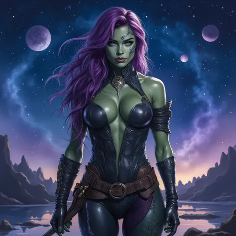 A beautiful woman, Gamora ( personaggio Marvel ) lunghi capelli viola,  green skin with silver tattooed eyebrows and silver facial features tattooed,  she wears an armoured black leather onesie open on her breast , ATHLETIC BODY.  She has a sword with a fu...