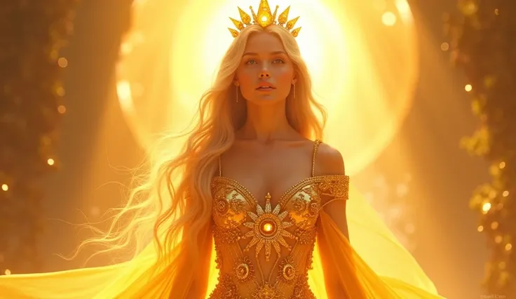 Princess of the Golden Sun
Radiating warmth, she has golden hair that shines like the sun. Her dress is a dazzling gold with sun motifs, and she wears a crown with bright orange gemstones.