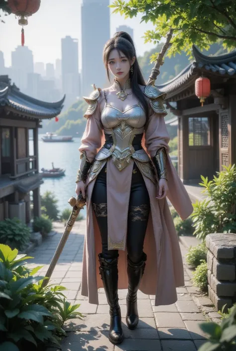 In a scene set against the backdrop of East Asian architecture, a young woman with long, black hair stands solo outdoors. She is dressed in armor with long sleeves, her hair tied back in a ponytail. Holding a sheathed weapon over her shoulder, she exudes a...