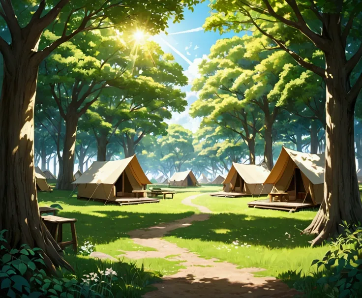 Imagine a camping scenario ,  with large trees surrounding some huts,  its daytime and sunlight passes through the leaves of the trees.