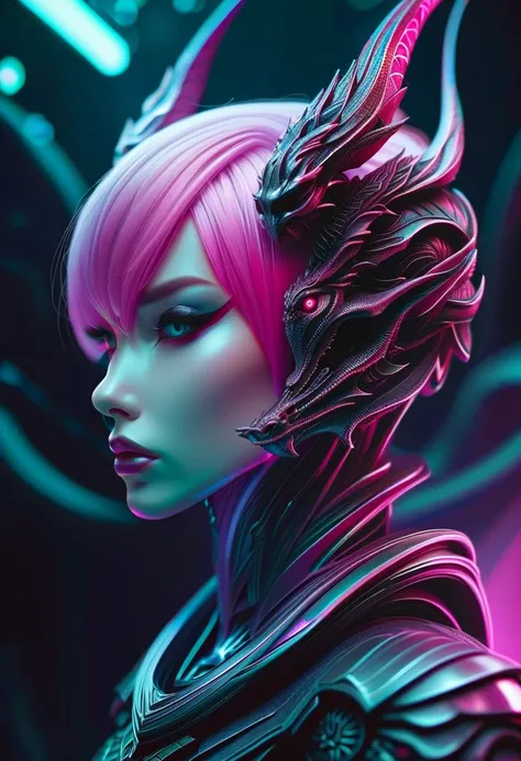 Cyberpunk l close up pink haired female with a black dragon behind her, portrait, clear sharp focus, featuring a dark and eerie atmosphere hyper realistic, 8K professional photography art, photorealistic masterpiece: by aaron horkey and jeremy mann: intric...