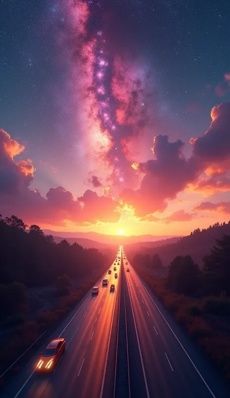 
"A surreal highway scene during twilight with cars driving along a well-lit road. The sky is transformed into a mesmerizing cosmic display with vibrant streaks of orange, pink, and purple blending into a galactic panorama filled with stars, resembling a d...