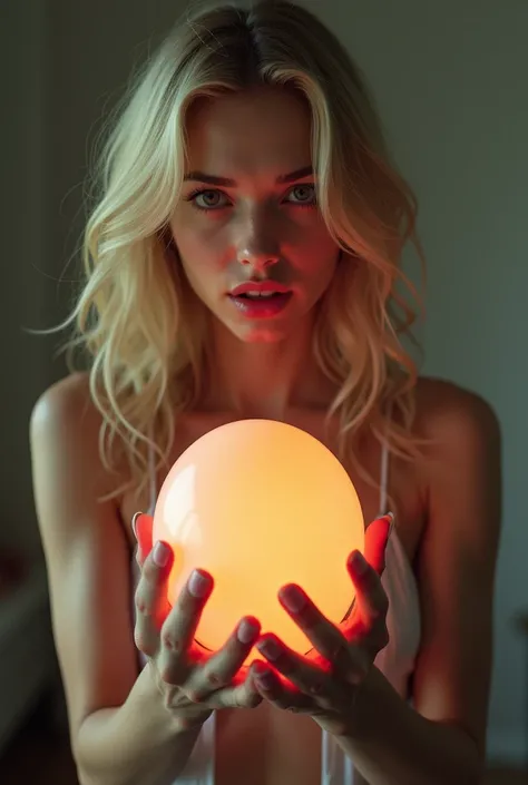 A sexy blonde, 20 age, squeeze ballon by nails, pop ballon, scary