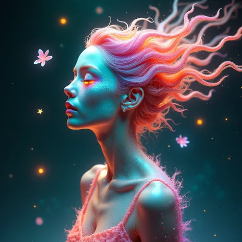  Style: Contemporary Visionary Art resolution: 8k " A female figure of supernatural and enigmatic beauty ,  with textured skin like glass that seems to contain the entire universe in miniature , filled with galaxies ,  stars and nebulas in constant motion ...