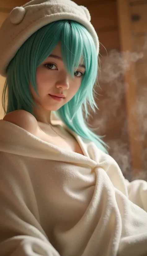  Hatsune Miku around 18 years old 、Hatsune Miku putting up with the heat in the sauna room 、 steam is coming from the sauna stone on the sauna stove、Hatsune Miku wearing a sauna hat and sauna poncho、Hatsune Miku has a cute smile 、 small breasts、It creates ...