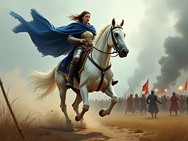 Joana is on horseback ,  riding at full speed towards the battlefield . The White Horse,  strong and muscular ,  raises dust as she approaches the French troops in disarray .  Joana is fully armed ,  with the blue cape adorned with golden lilies from Franc...