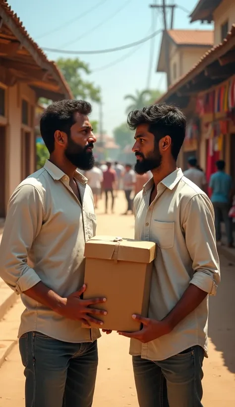 30 year old boys holding an empty donation box. (Emotional Faces). Background Village. Telugu culture.