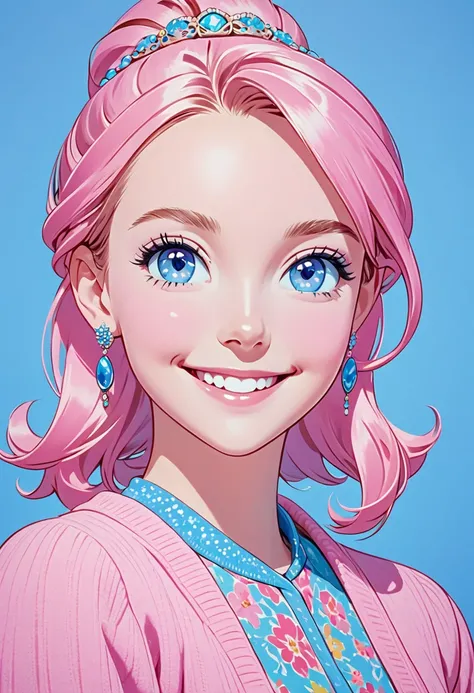 a cartoon  is smiling while wearing pink sweater on blue colored background, 1girl, solo, jewelry, earrings, blue background, smile, blue eyes, looking at viewer, female , , hair ornament