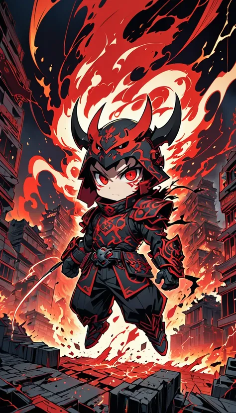 Deformed character, Japanese anime character style, demon with a chaos soldier motif in chibi style, one, floating in the air, looking down on a destroyed city, at night, in a fighting pose, emitting red light magic, surrounded by a full body shot of red l...