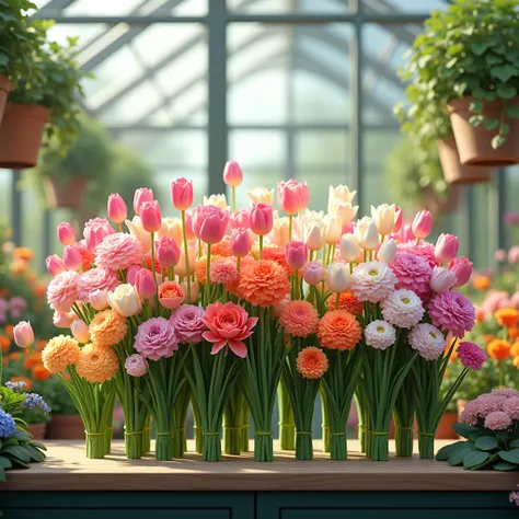 Many different flowers, roses, tulips, orchids, hydrangeas and many others, stand on the counter, in the greenhouse, make a clear image