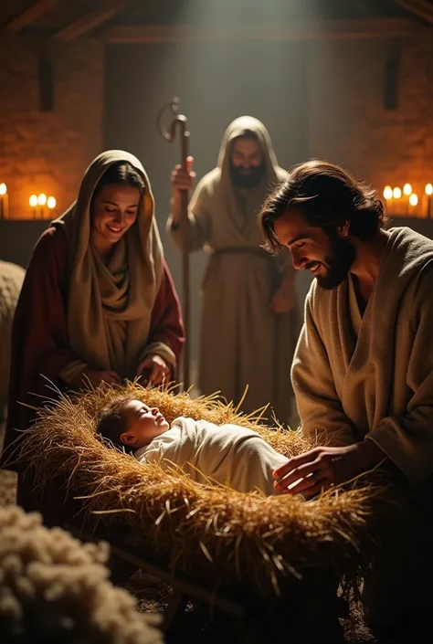 (Create stunning and real images, very detailed) (the birth of the Lord Jesus in a sheepfold), a baby wrapped in cloth, lying in a manger full of straw, there is mother Mary smiling looking at the baby, and father Joseph prostrating himself beside him. (an...