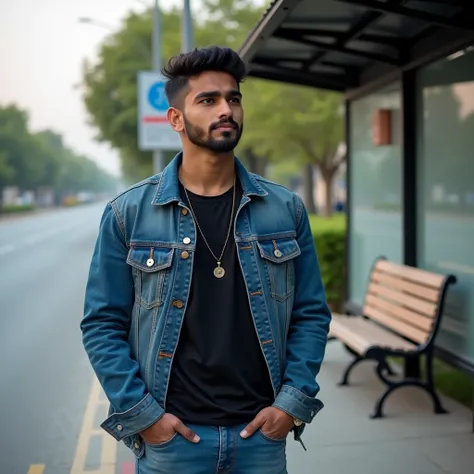 A clear ultra HD image A young Indian man in stylish branded attire,  black tshirt and blue denim jacket and blue jeans pant, bystander, now with a determined and emotional expression, looks into the distance, silently resolving to show more respect and lo...