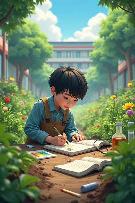 Picture of a school garden with ren using science and numbers to develop it