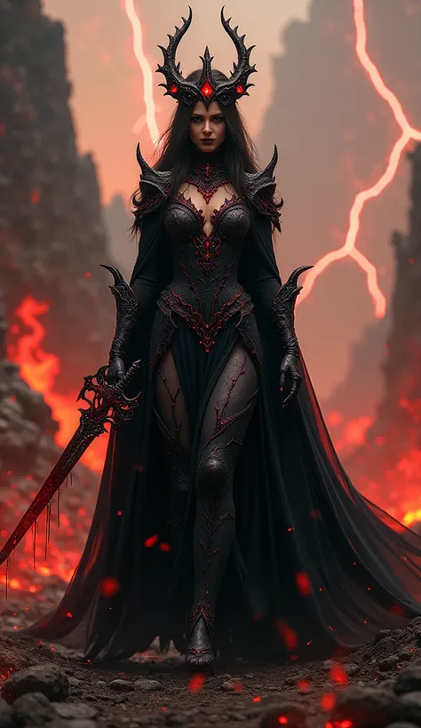 Idea: "The Infernal Empress"

An evil queen strides confidently through a battlefield of ash and ruin, her molten-black gown trailing like smoke, edged with glowing lava veins. Her crown, a twisted masterpiece of jagged onyx and rubies, radiates raw malice...