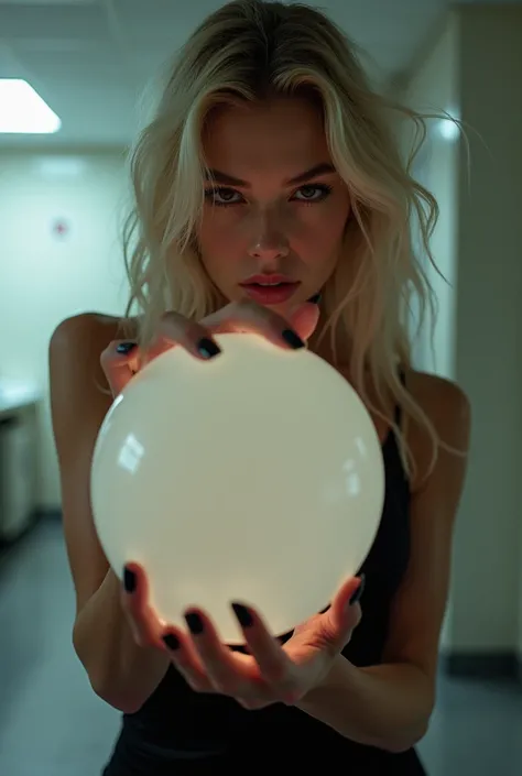 A sexy blonde, 20 age, pop ballon by her nails, scary