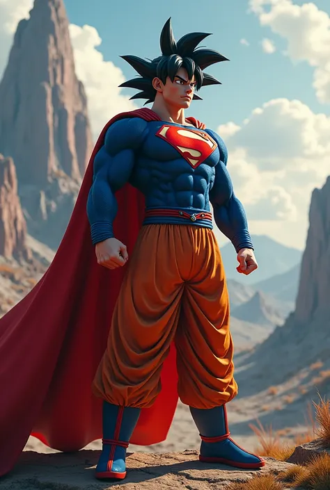 Son goku wearing a Superman costume, ultra-detailed, photorealistic, 8k, dramatic lighting, cinematic composition, epic fantasy, intricate details, highly saturated colors, dynamic pose