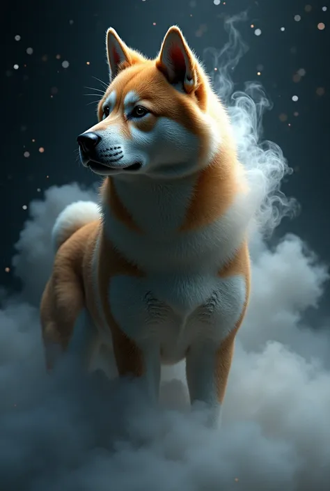 A majestic brindle Akita Inu in hyper realistic 3d black and gold that evaporates in a brighter cloud of smoke on a mysterious background with stars and a light effect around the brindle Akita Inu.