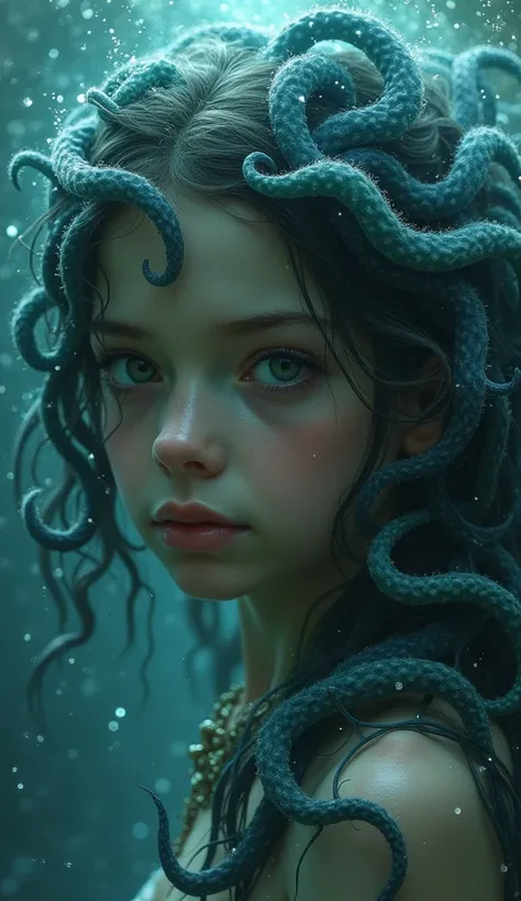 Mystical portrait of a girl with tentacle hair, supernatural atmosphere, underwater world, mysterious lighting, intricate details, flowing, surreal, beautiful yet haunted