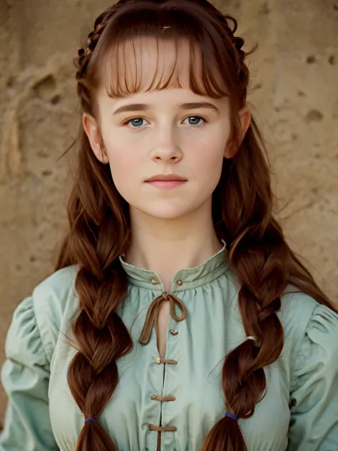 (best quality,4k,8k,highres,masterpiece:1.2),ultra-detailed,(realistic,photorealistic,photo-realistic:1.37), ((mittelalter, a young peasant girl, she wears medieval clothing, solo, shy)), ((very large bust size for her young age)), braided red hair, pale s...