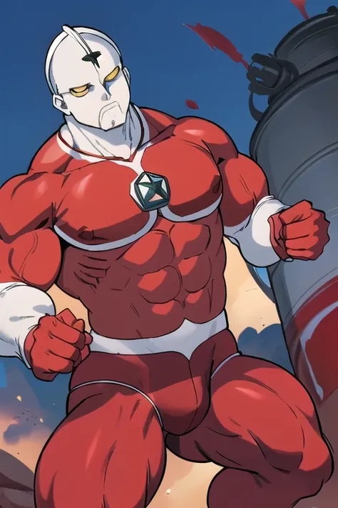 masterpiece, best quality,(Realistic Touch), Ultraman,120m tall , metallic red skin , his big bulge is vivid red . Thick solid chest, manly ,Masculinity, strong，his bulge is gigantic. Physically strong,attacked by enemies, big vivid red bulge .rugged stron...