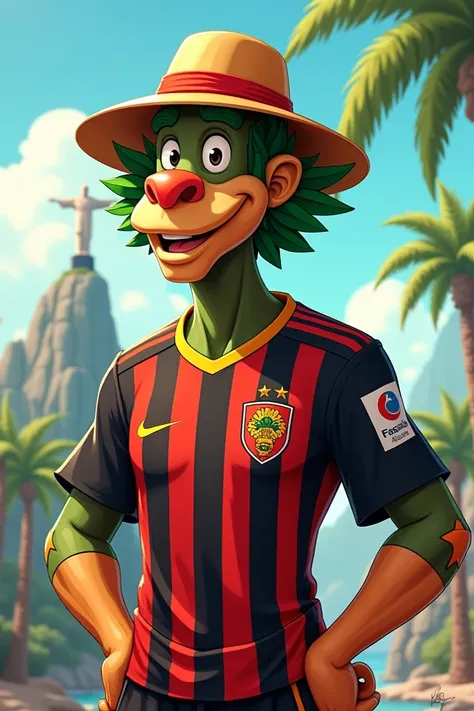  Create an image of Zé Carioca , } the iconic character from Brazilian culture ,  wearing the Flamengo jersey ,  one of the most popular soccer teams in Rio de Janeiro .  He must be portrayed with his traditional look ,  with green feathers and a relaxed s...