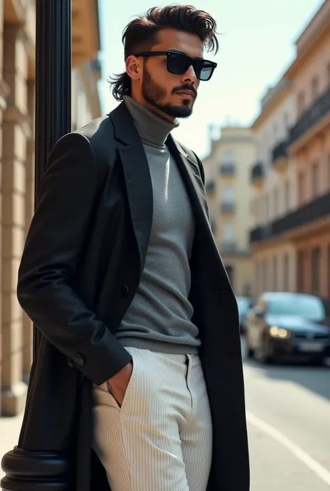 Crea una imagen joven Can yaman gafas redondas de sol negras, pelo negro short curly mullet mojado peinado atrás , atractivo, mirada ruda, musculoso, con un bigote barba redonda, he  wearing a stylish long black leather blazer with large lapels. underneath...