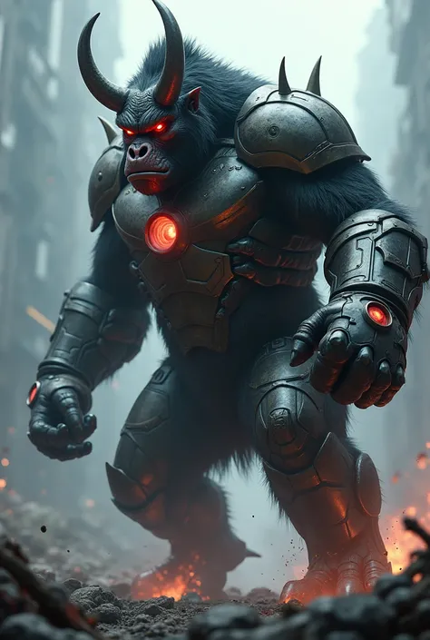 Heres a detailed prompt you can use to generate an image of a hybrid animal combining the traits of a Kong, Iron Man, and a Rhino, designed to look scary and angry:


---

Prompt:
"Create a terrifying and angry hybrid creature that combines the features of...