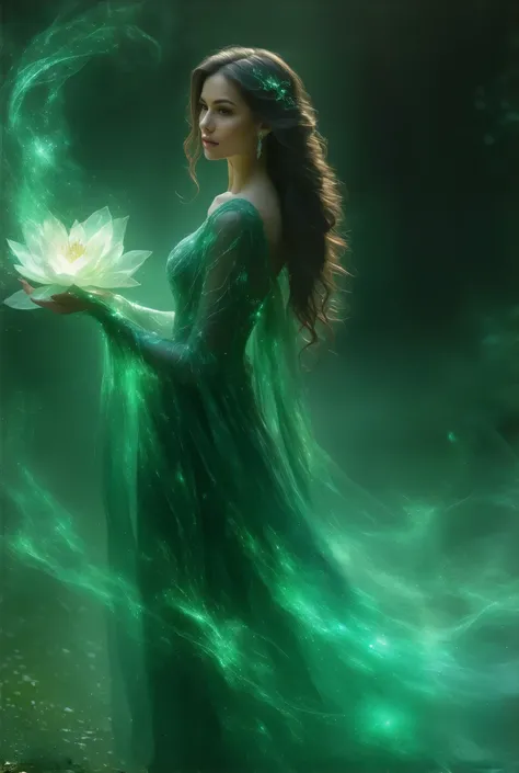  Beautiful Mature Girl Sexy Sorceress Light brown hair lush voluminous ,  The emerald silver dress shimmers like a river flows in a thin stream ,  In the hand A Magic Flower that exudes an aura and blooms unearthly and the Magic Flower Which the light has ...