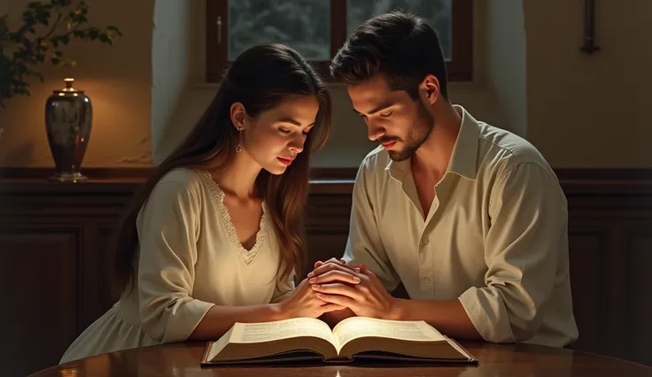 a woman with a man holding hands reading the bible