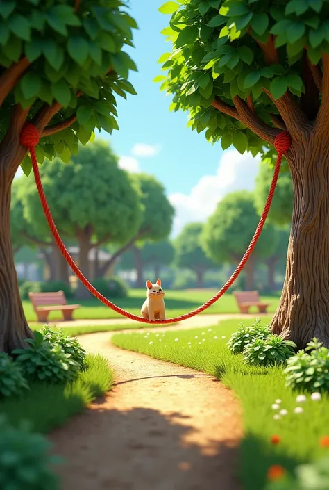  The style is 3D animation pixar with a vibrant color palette,  appears to be a long rope connected between 2 trees, the rope ,  is tied to the tree at both ends , a park 