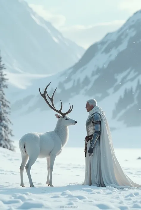 image of a white deer facing a knight in a snowy field.