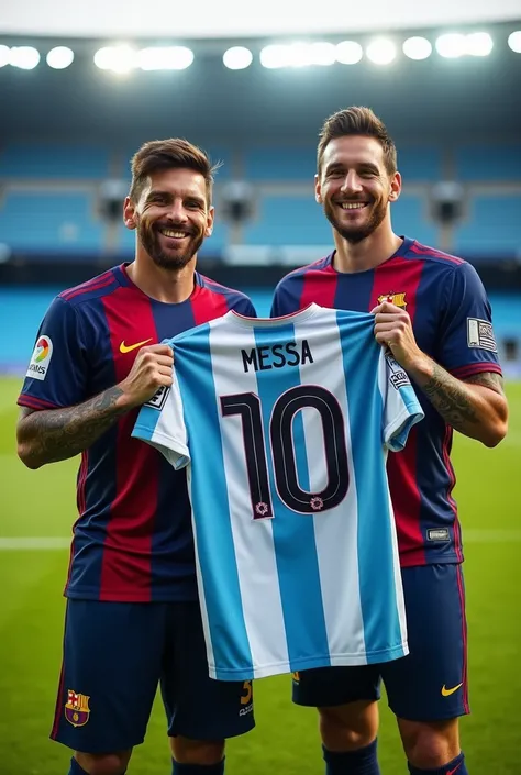 Lionel Messi receiving the number ten shirt from Santos football club smiling with player Neymar at his side