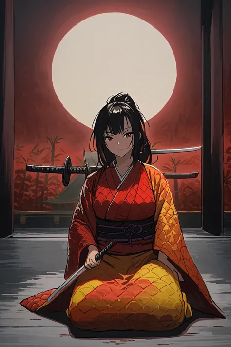 acrylic paint painting ,  a female samurai ,  wearing red yellow quilted kimono,  face full of serenity , Kneeling,  long katana sword placed on floor in front of her ,  preparing for battle, dim light, bamboo forest and red full moon at cloudy sky in back...