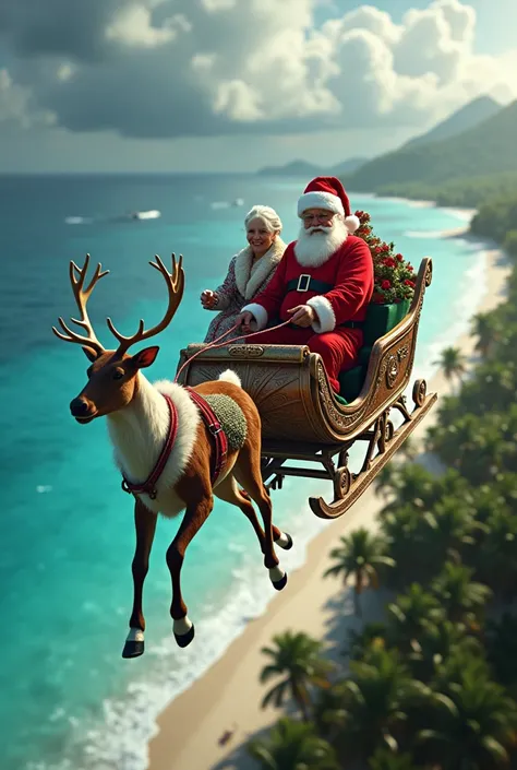 Santa Claus and his wife fly over Caribbean palm beach in a reindeer sleigh (stormy sea in the background)