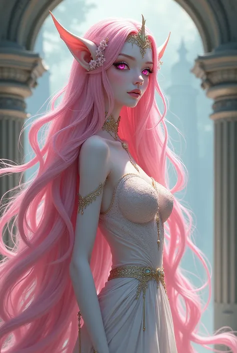 He is of the elven and giant race, therefore he is very big., She has long pink hair and pink eyes too, Her skin is white, She is a very beautiful elf woman, She is a princess therefore she looks well groomed. will be style, anime, manga, drawing 