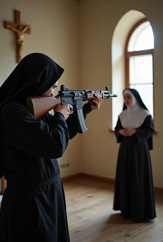 Russian soldier aim with rifle on nun in the church. The nun is in lingerie