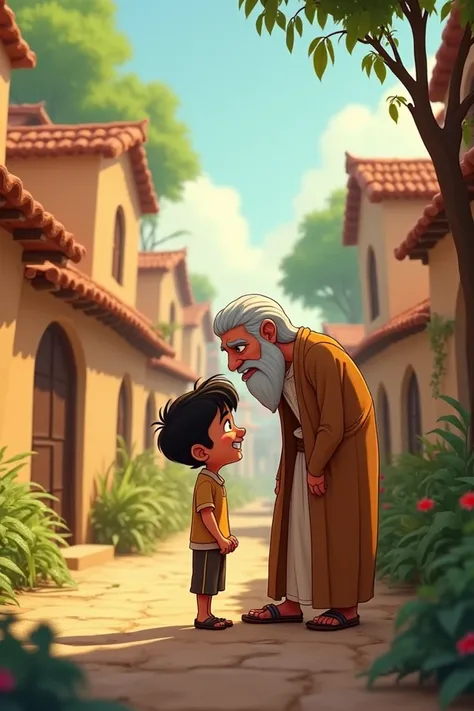 Village Scene with Uncle Zafar and the Boy: "A picturesque village scene with simple houses and a young boy looking at an elder man with affection. The elder man, named Zafar, is known as Uncle Zafar. He has a kind face, always smiling and helping others. ...