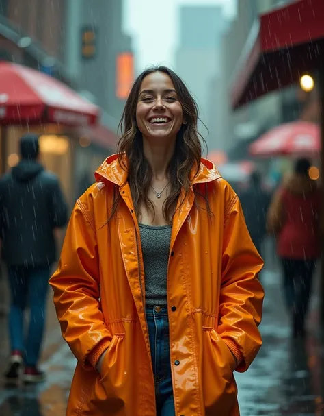 A female model in a bright raincoat walks through the streets when a heavy rain begins. Drops of water sparkle on her clothes and hair, creating the effect of a small miracle in everyday life. The female model smiles, raising her face to the sky, as if enj...