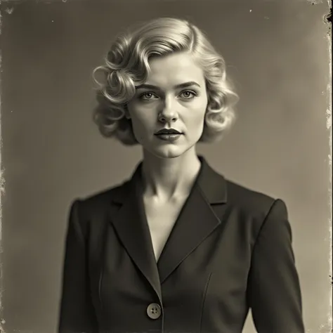 1920s aristocratic woman, ((Old photos: 1.3)), Vintage Style, 1920s, ((Black and white photos)), white woman, blonde, Passport angle, rich woman in suit, detailed face, perfect body, upper body focus, head-on view, A little exposure, low resolution, realis...