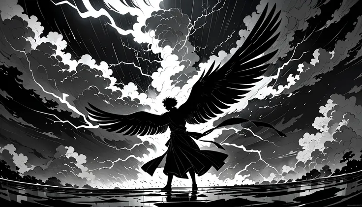 Monochrome ukiyo-e style art depicting the silhouette of the vermilion bird (Suzaku) spreading its wings in a thunderstorm sky, The birds body is not visible only its dramatic shadow against dark stormy clouds, Lightning flashes illuminate the sky emphasiz...