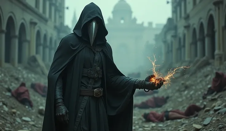 A man in a plague doctor suit, a muscle splitter, takes out a fire from a device in his hand,. Bodies lying on the ground , a ruined place . Film shot, background isolation . Close-up shot