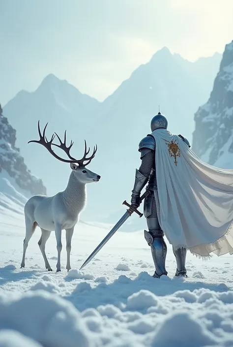 image of a white deer facing a knight in a warior snowy field.