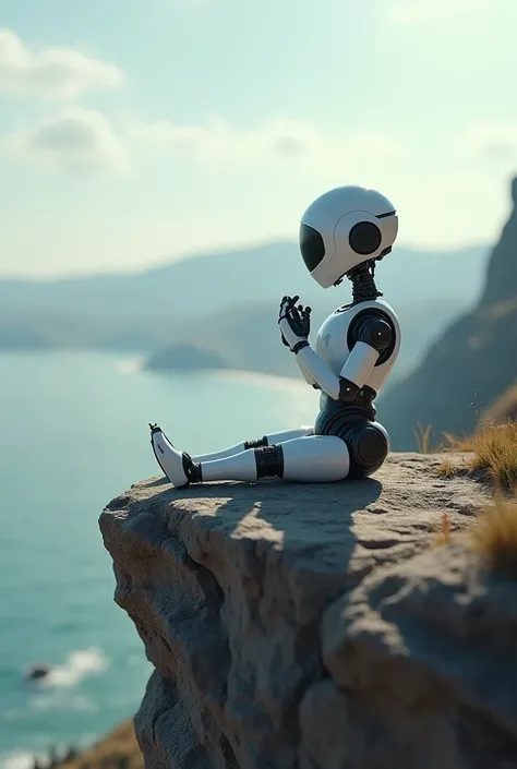 A small robot with only two ren is sitting on a cliff holding hands and looking at the front