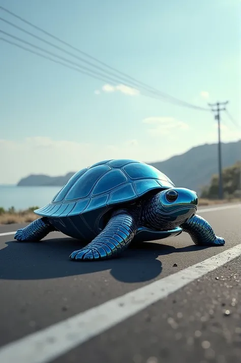  A creative fusion between a realistic turtle and a futuristic sports car .  The body of the car is sculpted to integrate perfectly with the shell of the turtle ,  with aerodynamic details that recall the design of a high-performance vehicle .  The wheels ...